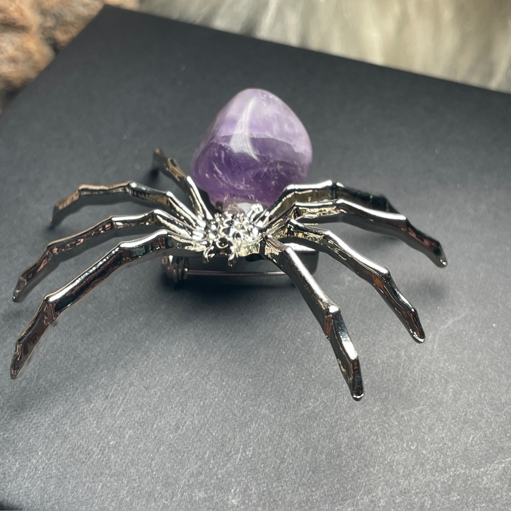 Amethyst Crystal Stone Silver Spider Brooch Artisan Made